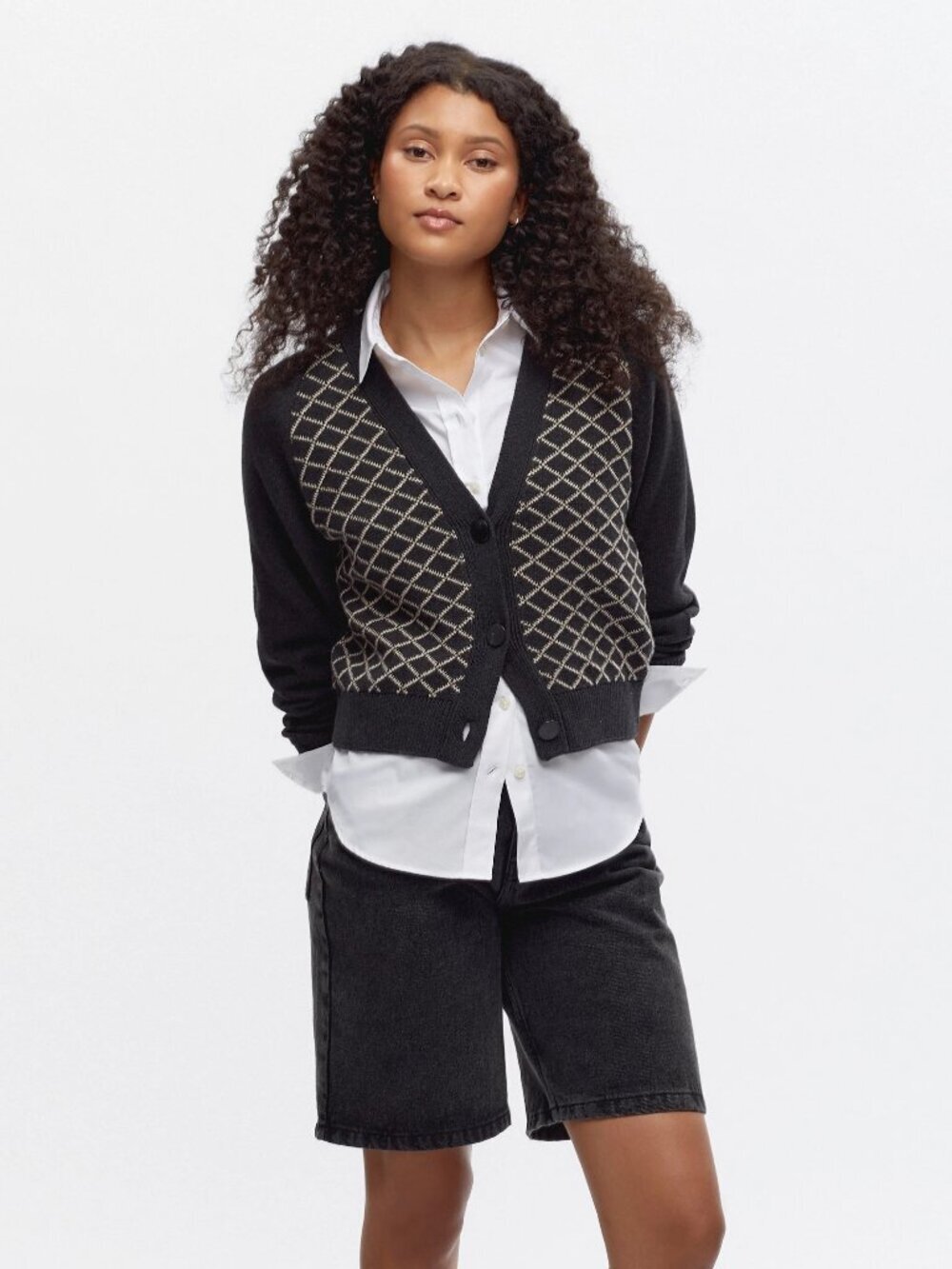 KOTN Dark Grey Diamond 100% Cotton Knit V-Neck Raglan Cardigan Sweater, Size M